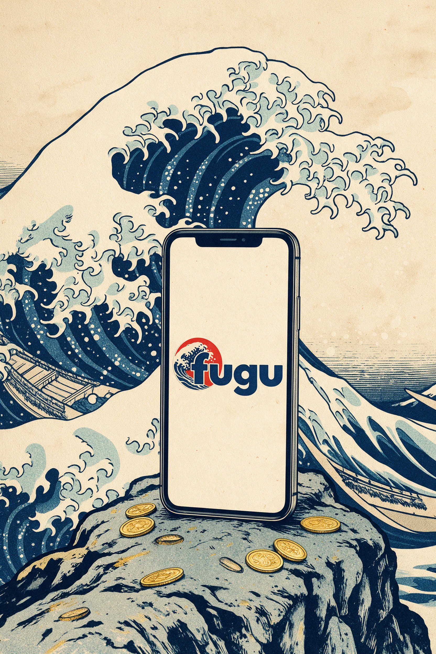 Phone with the Fugu logo beside a Japanese wave