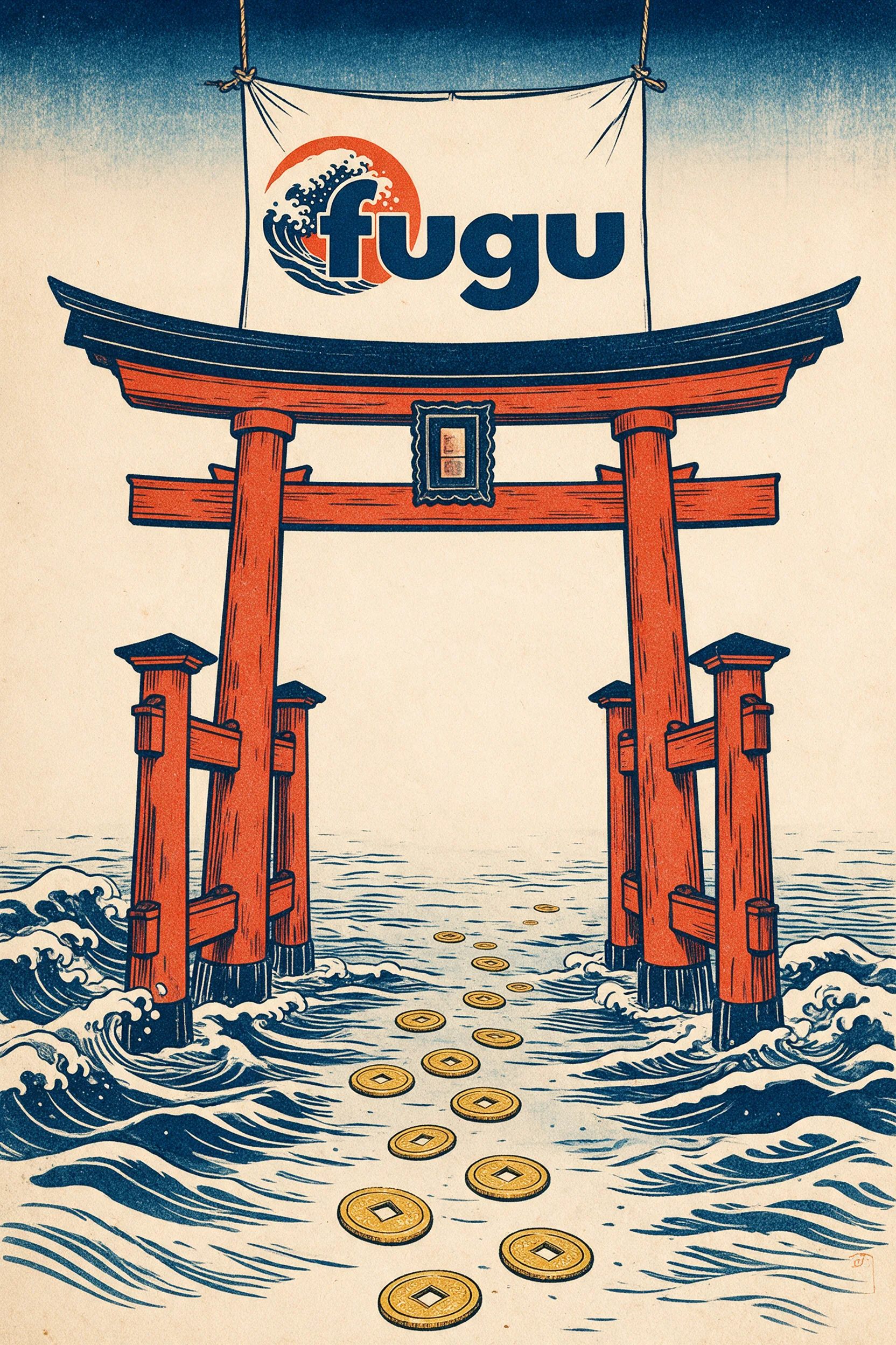 Fugu registracijos iliustracija su raudonais torii vartais